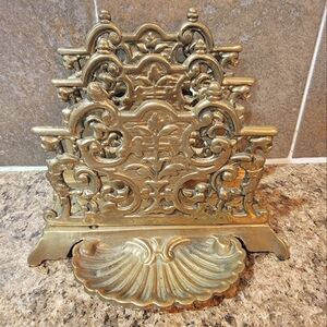 Antique Victorian Era Brass Letter Rack With Shell Tray